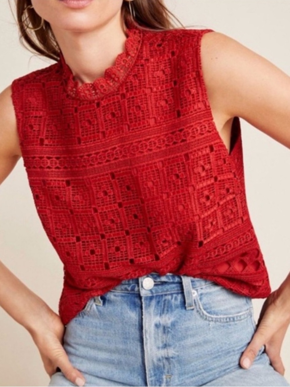 Daniel Rainn Red Crochet Mock-Neck Sleeveless Top